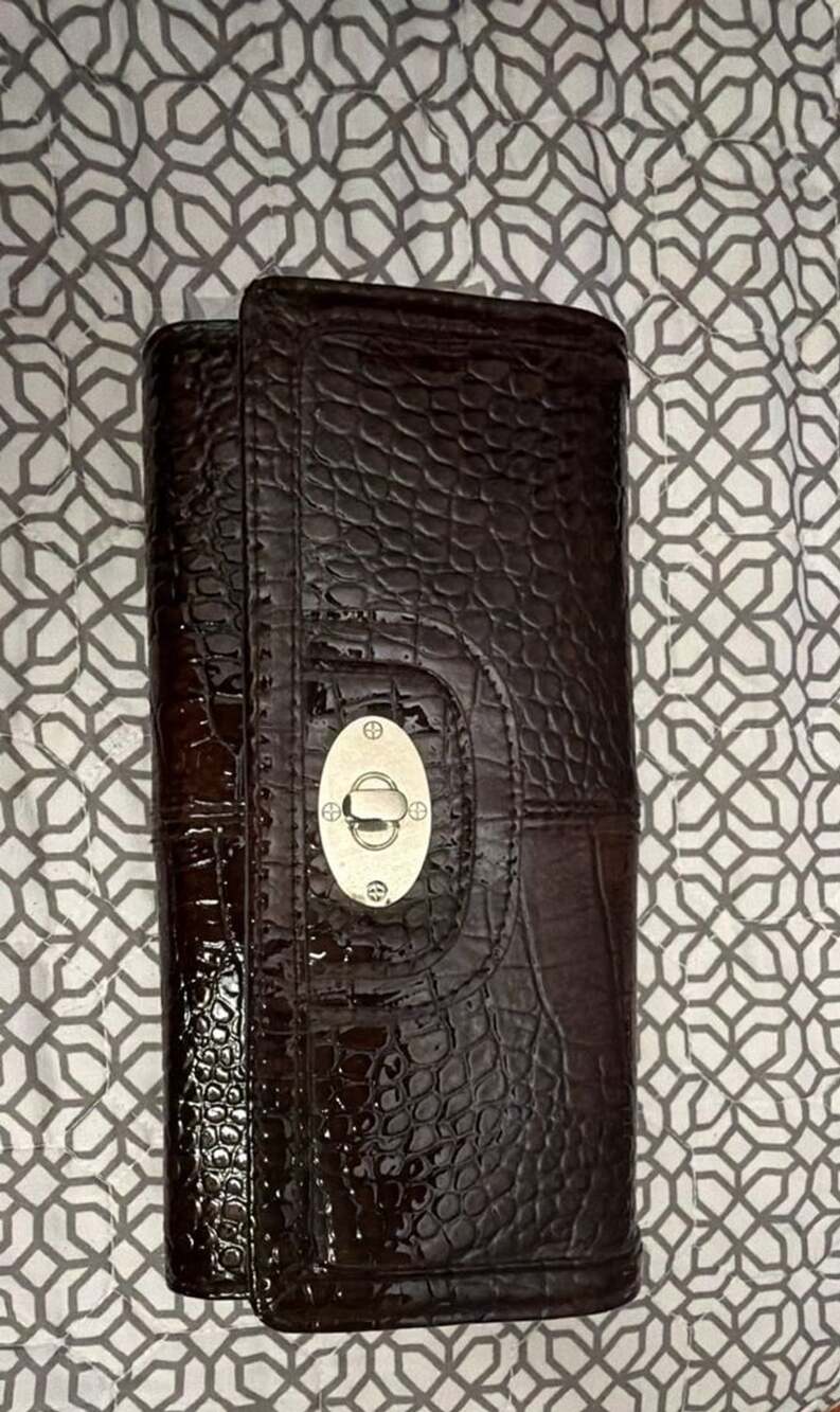 New Directions Brown Croc Embossed Patent Leather Flap Wallet